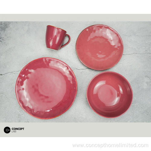 Reactive glazed stoneware dinner set in Rose Red